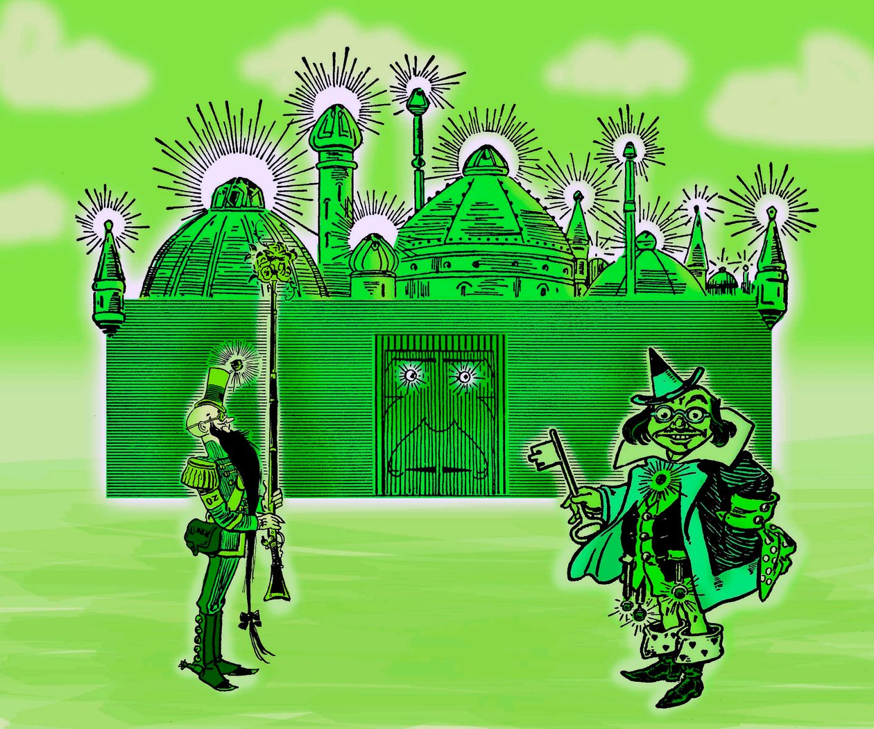 The Wonderful Wizard of Oz - The Wizard of Oz: Redigering av tre bilder av Denslow, William Wallace (1856-1915) for den første utgaven 1900 av Frank Baums bok (1856-1919) - The Emerald City and its two Guardians - farge grønn , grønn - The Emerald City - av William Wallace Denslow