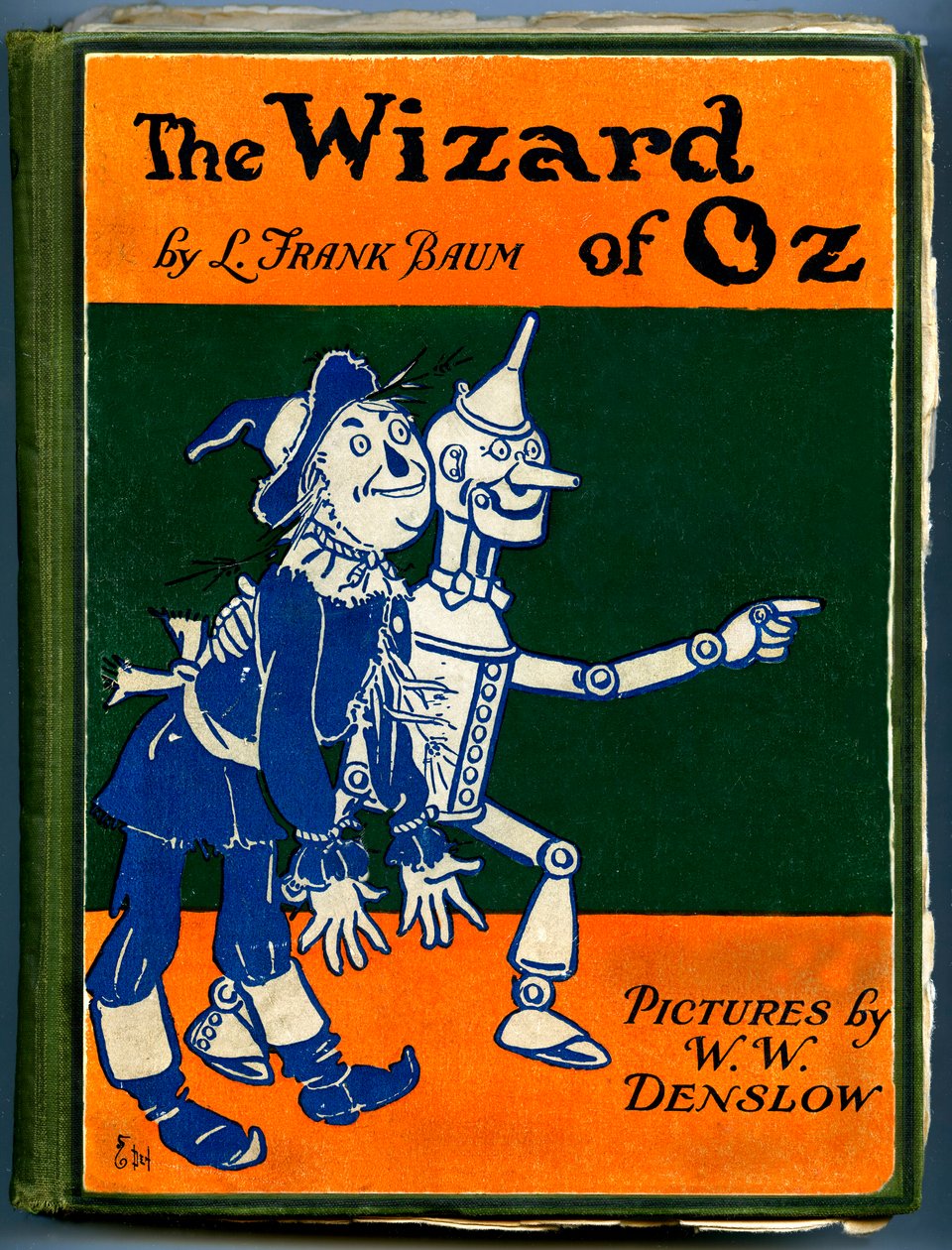 The Wonderful Wizard of Oz - The Wizard of Oz: omslag til en gammel utgave (mellom 1905 og 1920) illustrert av Denslow, William Wallace (1856-1915) av Frank Baums bok (1856-1919) - fugleskremselet og tremannen i tinn - privat samling - av William Wallace Denslow