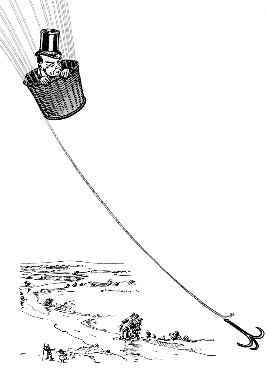 The Wonderful Wizard of Oz - The Wizard of Oz: tegning av Denslow, William Wallace (1856-1915) for den første utgaven 1900 av Frank Baums bok (1856-1919) - Magikeren flyr i kurven til en ballong - av William Wallace Denslow