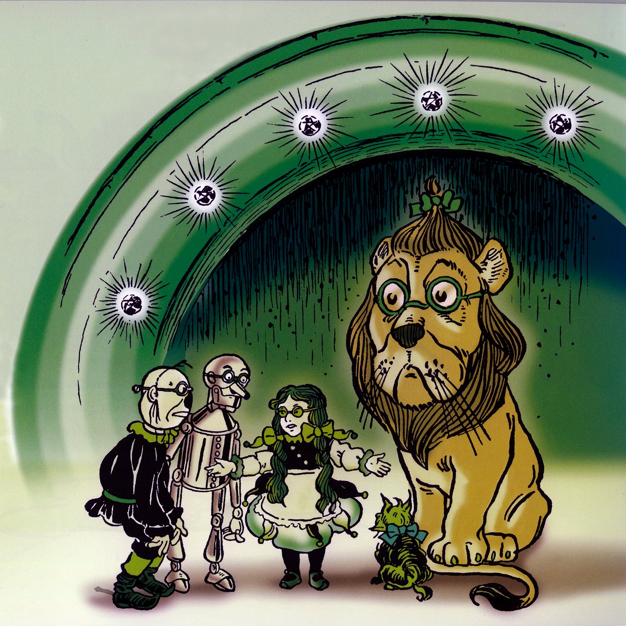 The Wonderful Wizard of Oz - The Wizard of Oz: tegning av Denslow, William Wallace (1856-1915) for en av de første utgavene av Frank Baums bok (1856-1919) - Foran Emerald City Palace Dorothee (Dorothy) og vennene hans, hunden Toto, skrekken av William Wallace Denslow