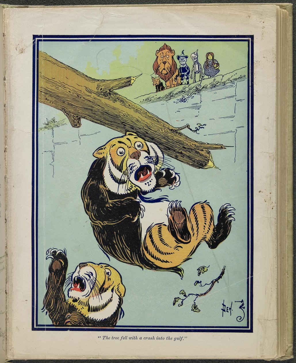 Treet falt med et knus ned i bukten», illustrasjon fra «Den fantastiske trollmannen fra Oz» av Lyman Frank Baum av William Wallace Denslow