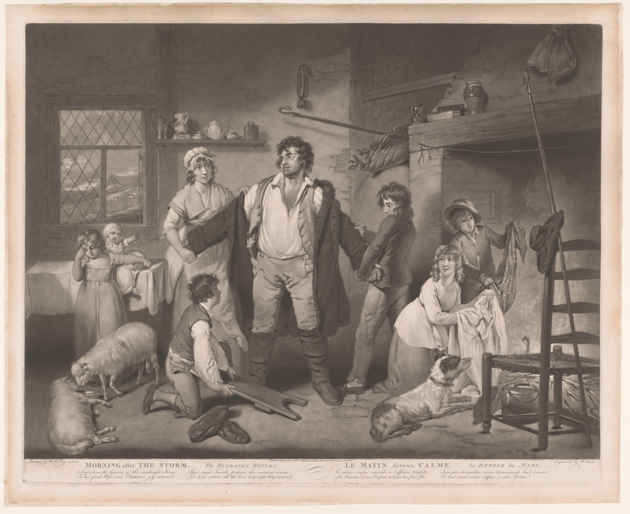 Familie ønsker far velkommen hjem etter storm Morgen etter stormen, ektemannens retur / Le Matin devenue Calme, le retour du mari (tittel på objekt) av William Ward