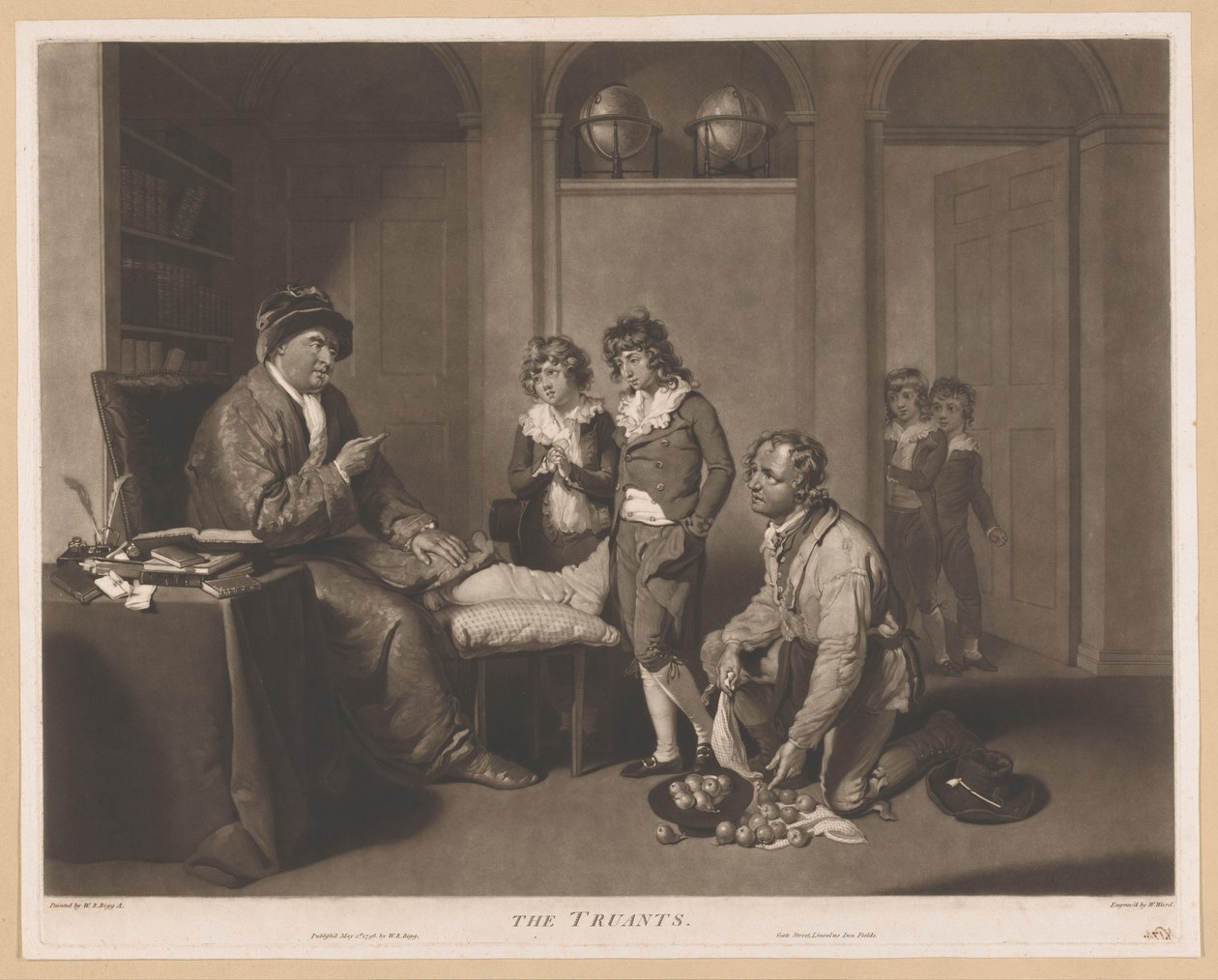 Mann skjenner ut barn og en knelende mann med pærer The Truants (tittel på objekt) av William Ward