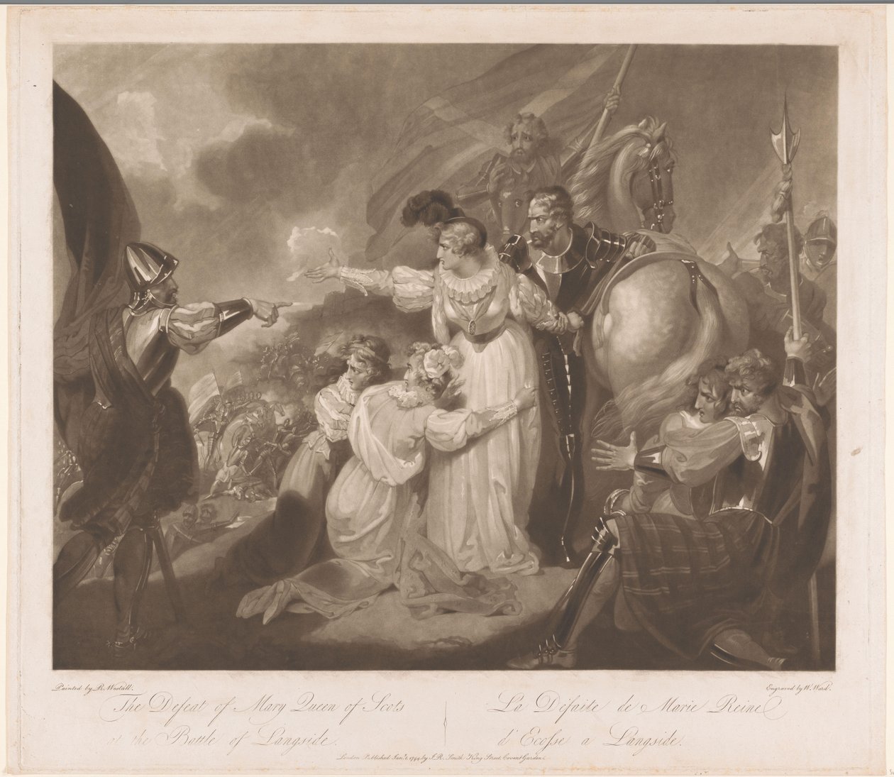 Nederlag til Mary Queen of Scots i slaget ved Langside The Defeat of Mary Queen of Scots i slaget ved Langside / La Défaite de Marie Reine d'Ecosse a Langside (tittel på objekt) av William Ward