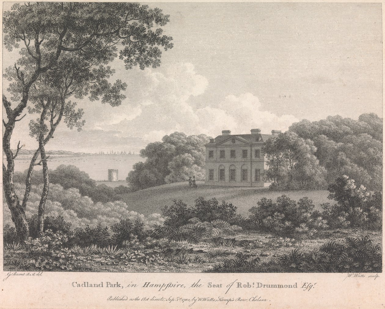 Cadland Park, i Hampshire, setet til Robert Drummond, Esquire (utgitt av W. Watts); side 56 (bind 1) av William Watts