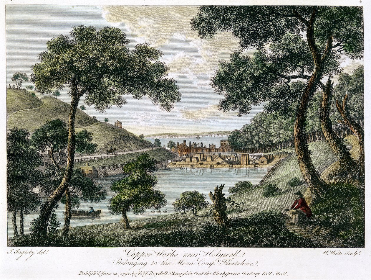 Copperworks nær Holywell, Flintshire, Wales eid av Mona Company, 1792 av William Watts
