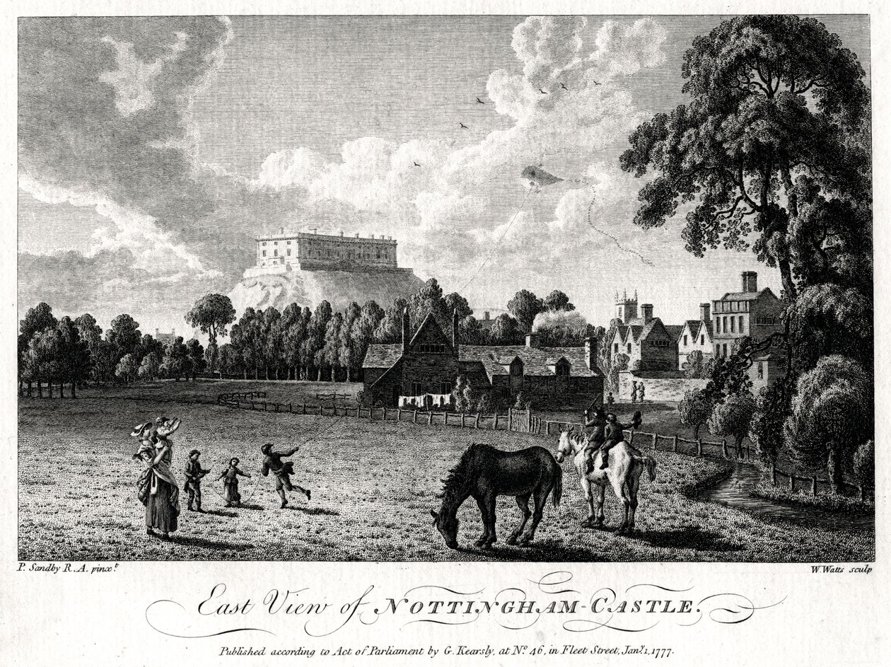 Østutsikt over Nottingham Castle, Nottinghamshire, 1777 av William Watts