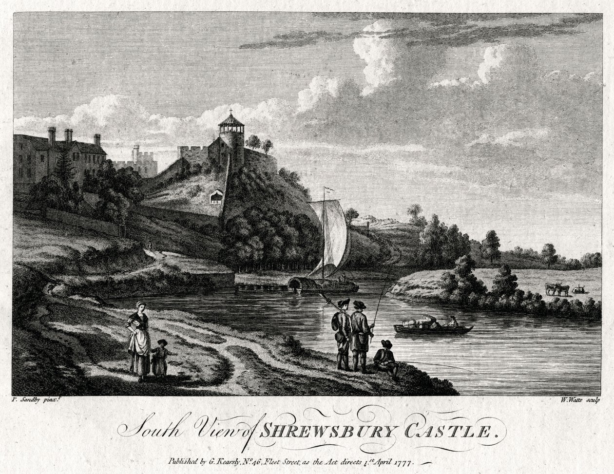 Sørutsikt over Shrewsbury Castle, Shropshire, 1777 av William Watts