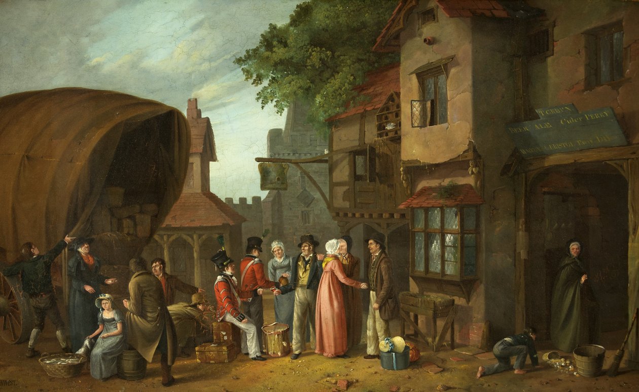 Scene utenfor et vertshus, kanskje i Congresbury, Somerset, ca. 1824 (olje på panel) av William West