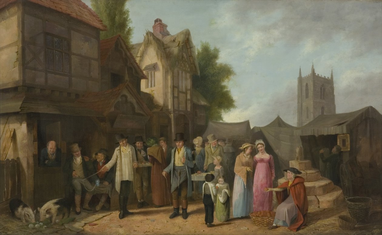Scene utenfor et vertshus, kanskje ved Long Ashton, Bristol, ca. 1824 (olje på panel) av William West