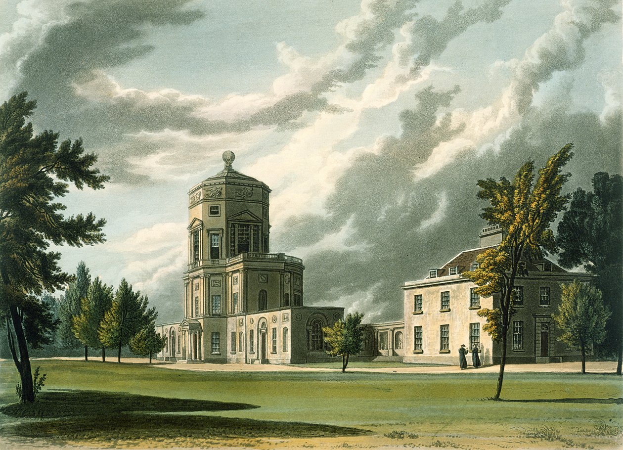 Eksteriør av The Astronomical Observatory, illustrasjon fra History of Oxford, gravert av Joseph Constantine Stadler (fl.1780-1813) pub. av R. Ackermann, 1813 (akvatint) av William Westall