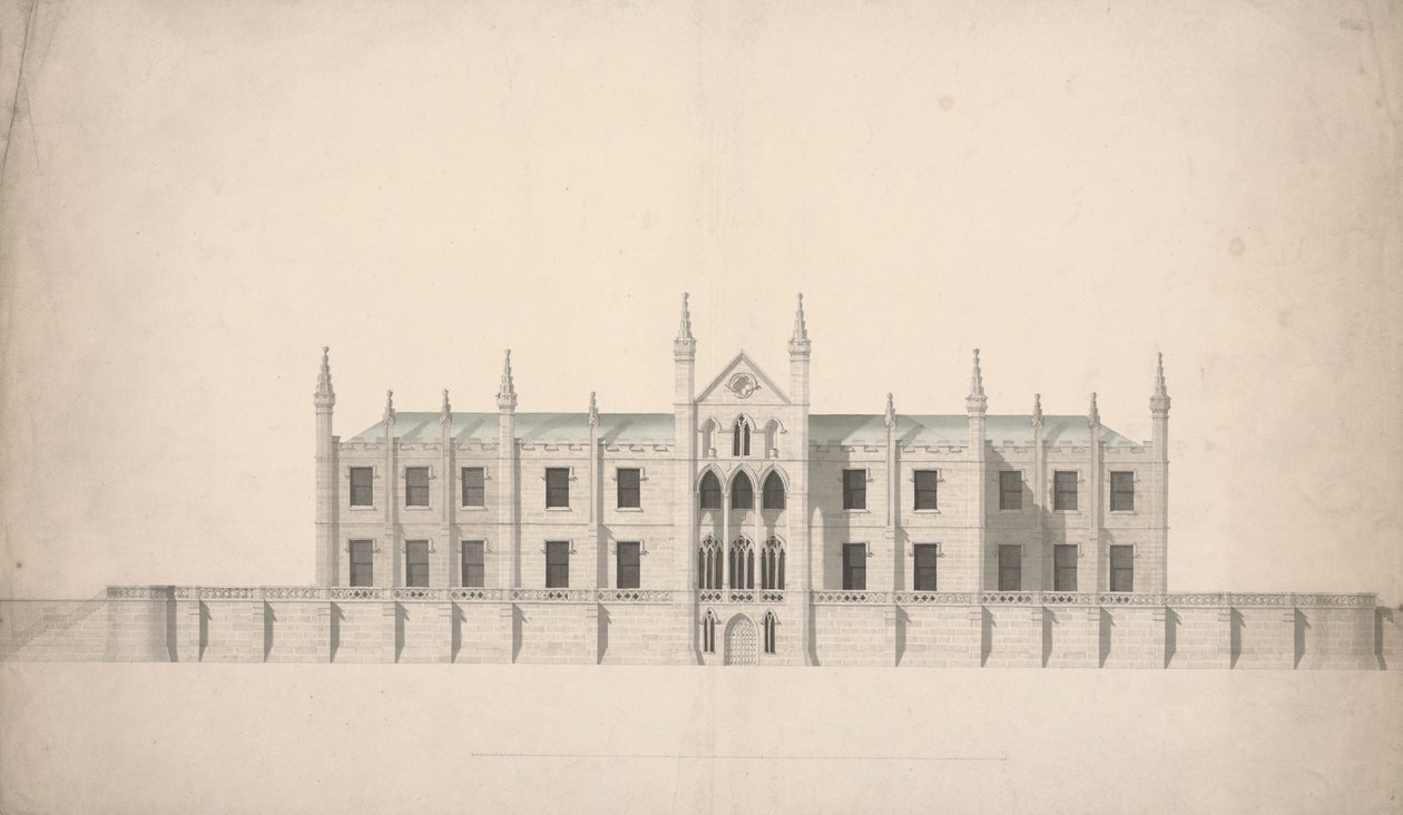 Forhøyning av et foreslått design for Cambridge Colleges av William Wilkins
