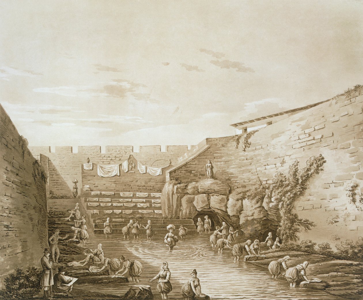 Vaskekvinner ved fontenen til Arethusa, pub. 1807. av William Wilkins