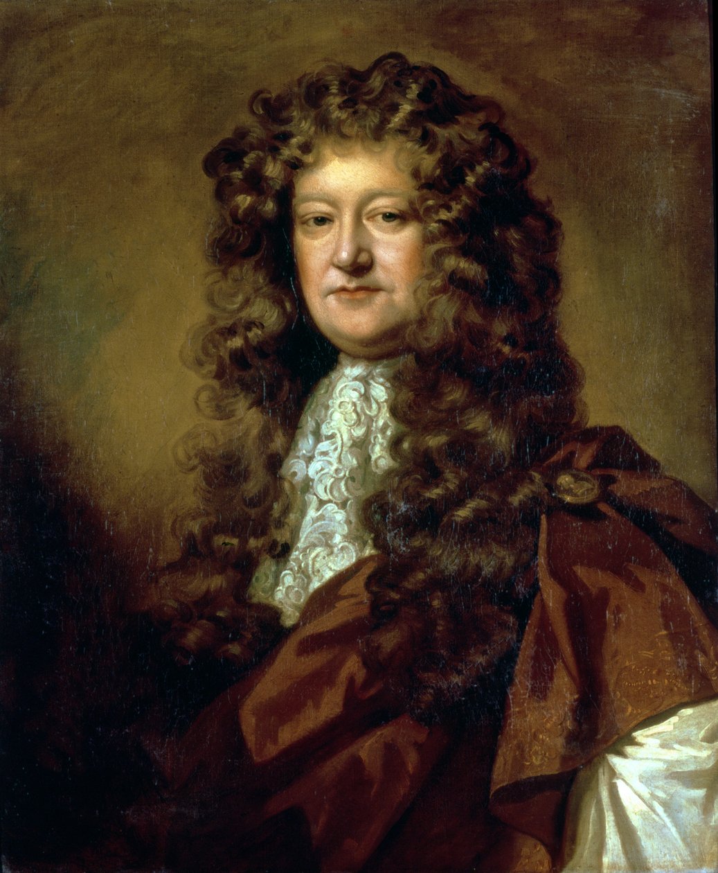 Portrett av en herre i brun kappe og hvit jabot av William Wissing or Wissmig