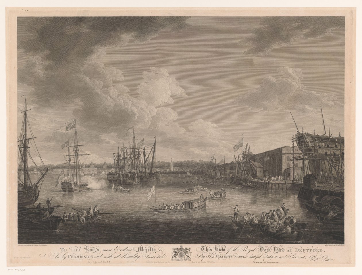 Utsikt over Deptford Shipyard (...) Utsikt over Royal Dock Yark ved Deptford (...) (tittel på objekt) av William Woollett
