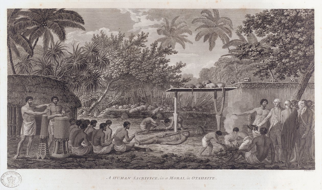 Menneskeofring på Tahiti i Sør-Stillehavet, c1773 av William Woollett