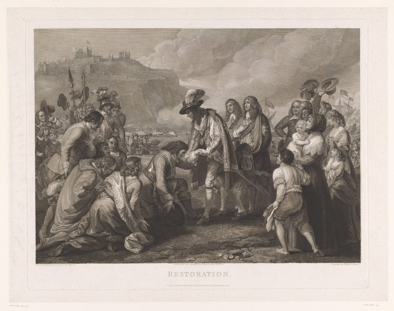Charles II av England ankommer stranden i Dover, 25. mai 1660 Restaurering (tittel på objekt) av William Woollett
