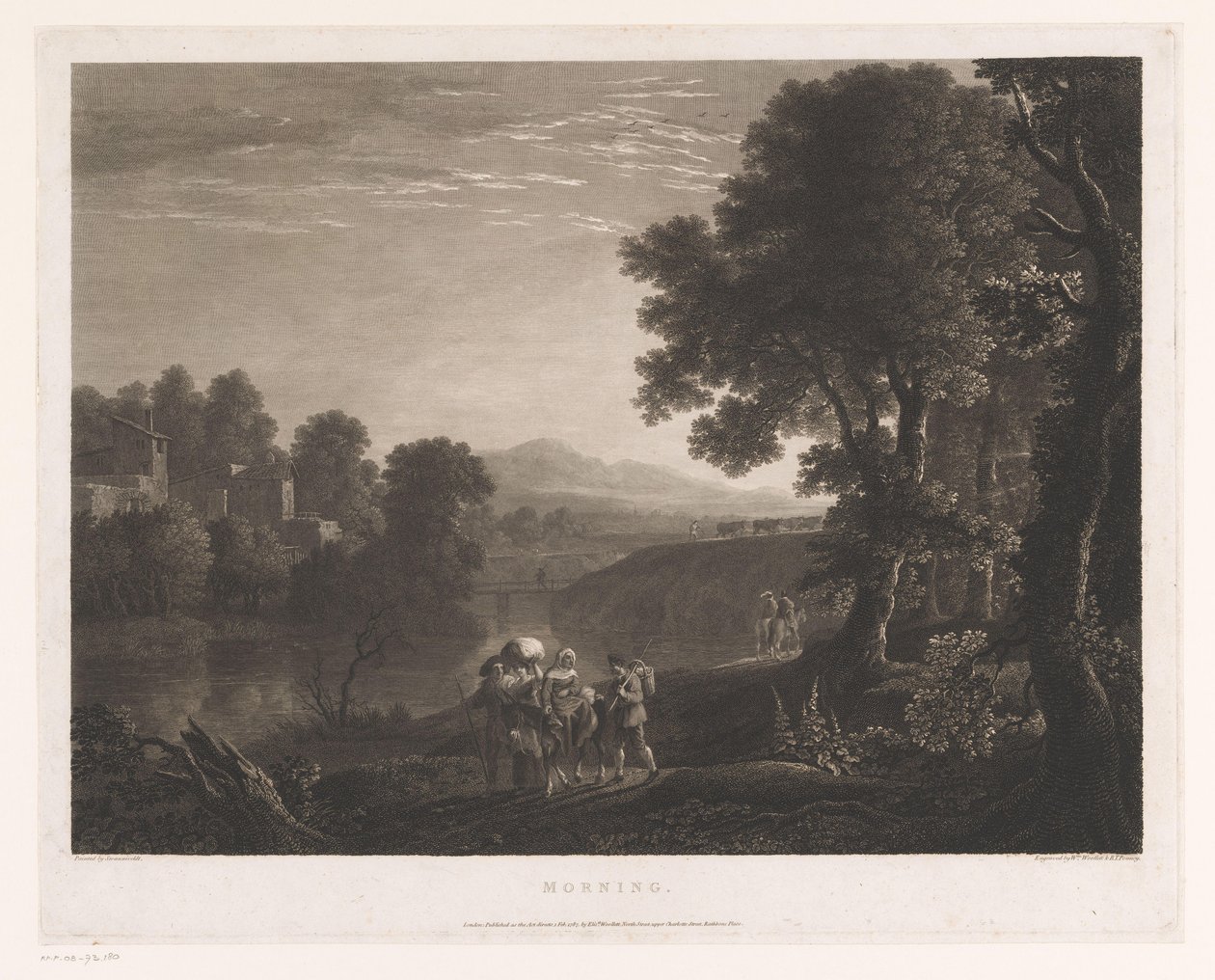 Landskap med hyrder og kvinne på muldyr på bredden av en elv Morgen (tittel på objekt) av William Woollett