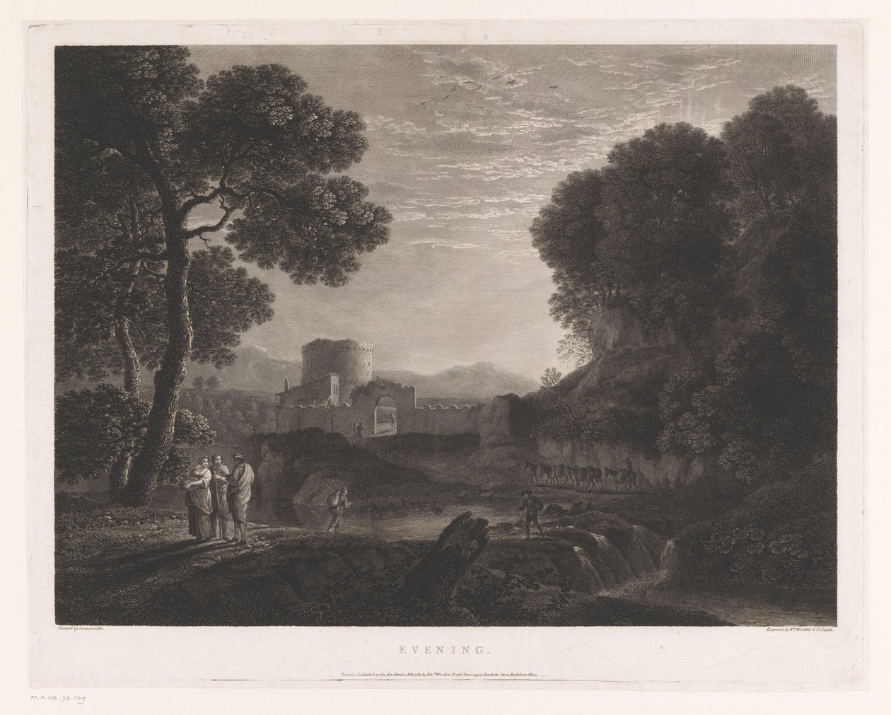 Landskap med port og tårn på bredden av en elv Kveld (tittel på objekt) av William Woollett