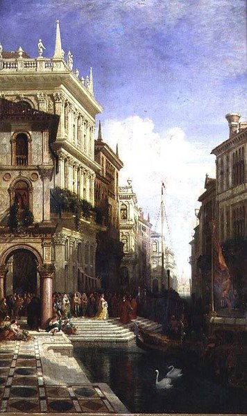 En Capriccio-utsikt over Venezia med en prinsesse som blir vist til en gondol på baksiden av Scuola di San Marco av William Wyld