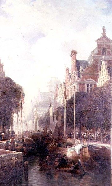 Utsikt over en kanal i Rotterdam (olje på lerret) av William Wyld