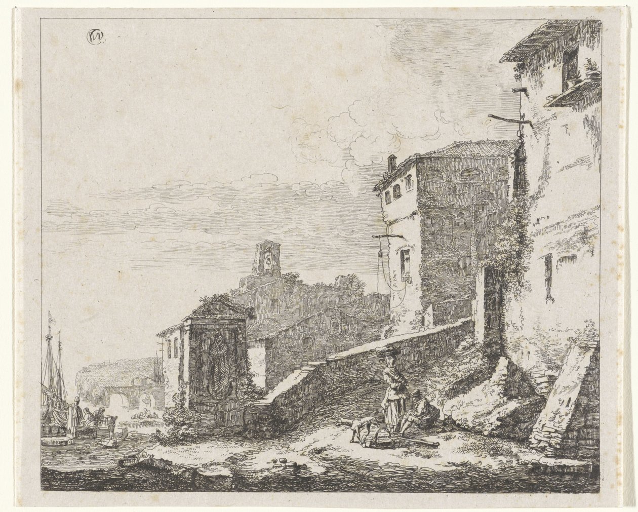 Utsikt over en landsby ved en havn av William Young Ottley (possibly)