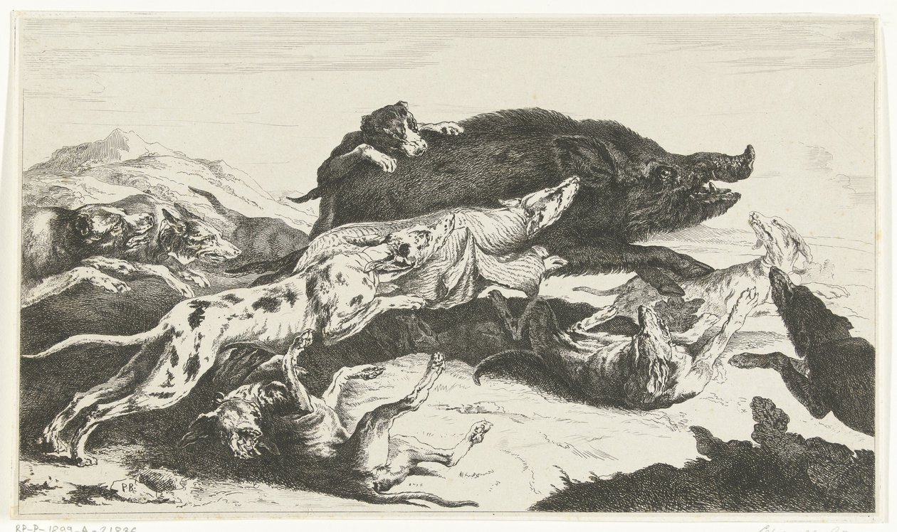 Hunder jager et villsvin av William Young Ottley