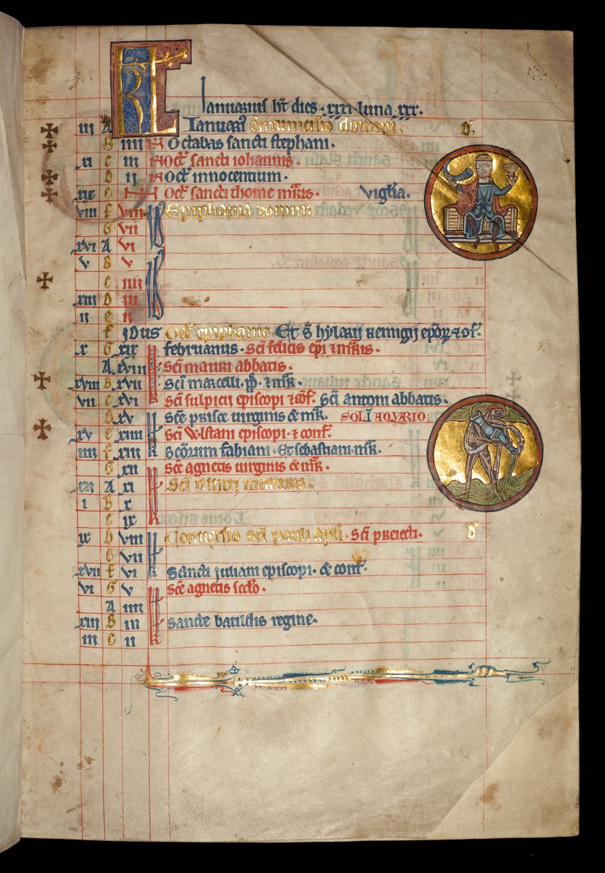 Ms 322 f.1r January, en trehodet mann som drikker, illustrasjon fra 