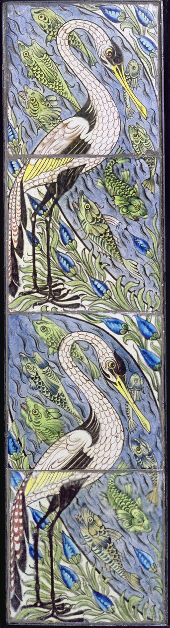 Fire fliser som viser fiskefugler (keramikk) av William de Morgan