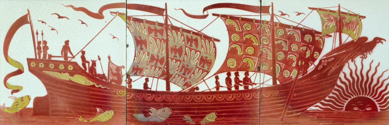 Tre fliser som viser et skip som seiler ved solnedgang (keramikk) av William de Morgan