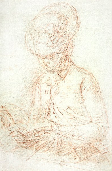 Kvinne i ridevaner som leser (rødt kritt på papir) av William of Bath Hoare