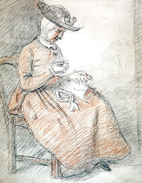 Kvinnesittende sying (rødt og svart kritt på papir) av William of Bath Hoare