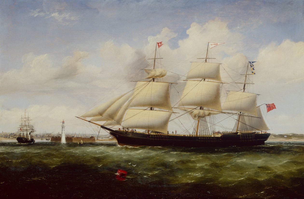Ship Shepherdess passerer Perch Rock Fort and Lighthouse når hun ankommer Mersey (olje på lerret) av Williams Kimmins McMinn