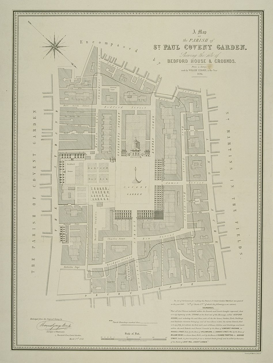 Kart over sognet St. Paul, Covent Garden, som viser stedet for Bedford House og eiendommen, utgitt av W.P. Metchim, 1686 av Willian Leybourn