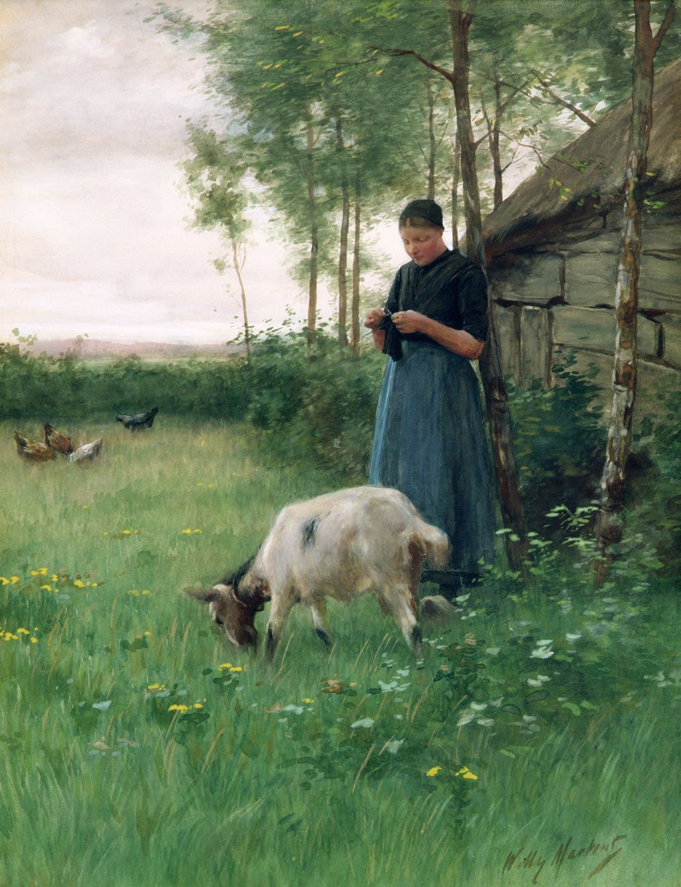 En nederlandsk jente med geit og høner, ca. 1910 av Willy Martens