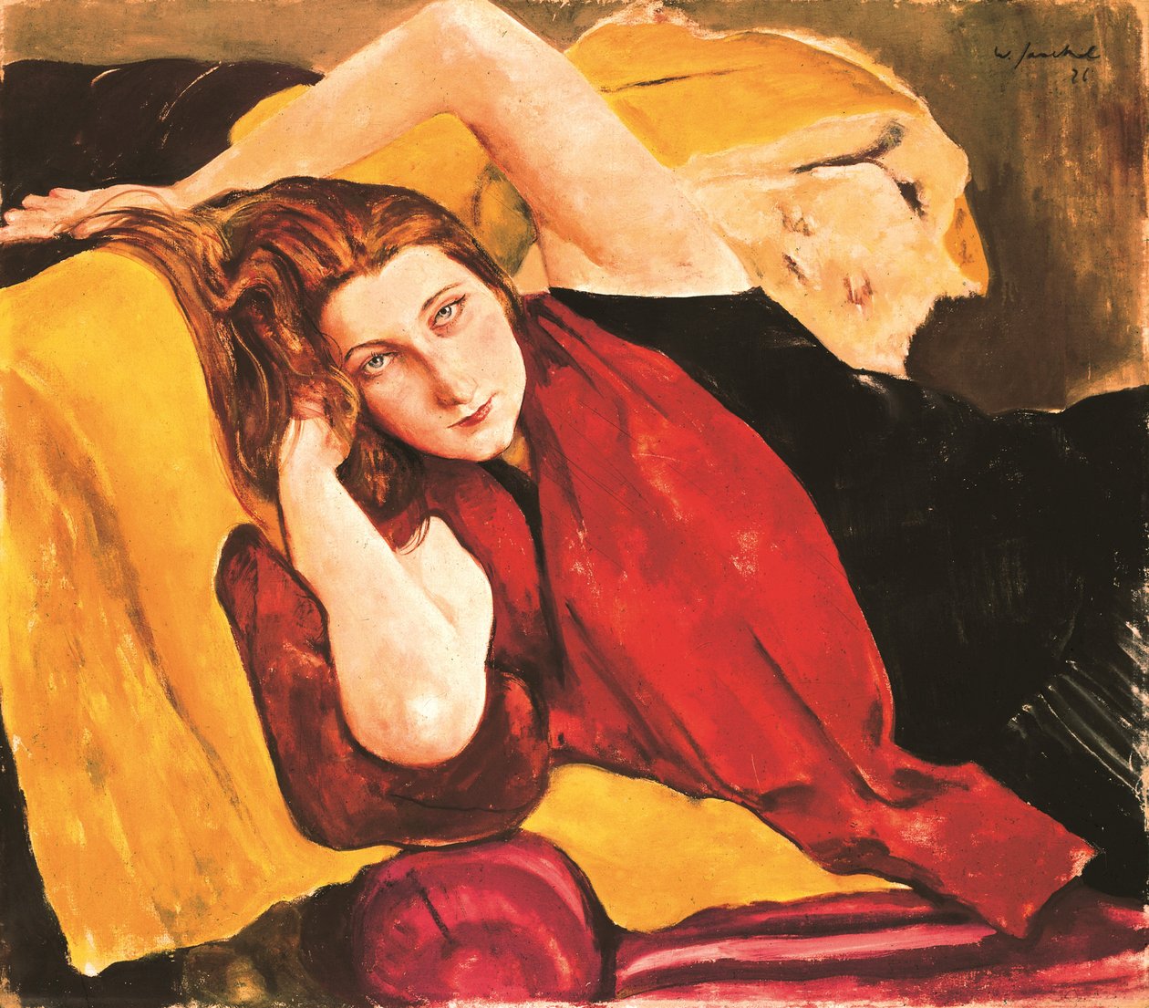 Portrett av en ung jente med en rød stole - Portrett av en jente med rødt skjerf, av Jaeckel, Willy (1888-1944). olje på lerret av Willy Jaeckel