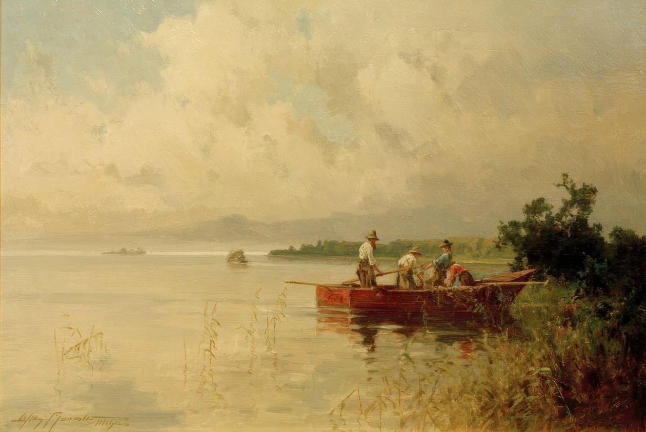 Fiskere ved bredden av Chiemsee om sommeren av Willy Moralt
