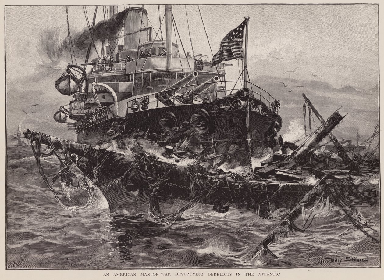 En amerikansk krigsskip som ødelegger forlatte bygninger i Atlanterhavet (lito) av Willy Stower