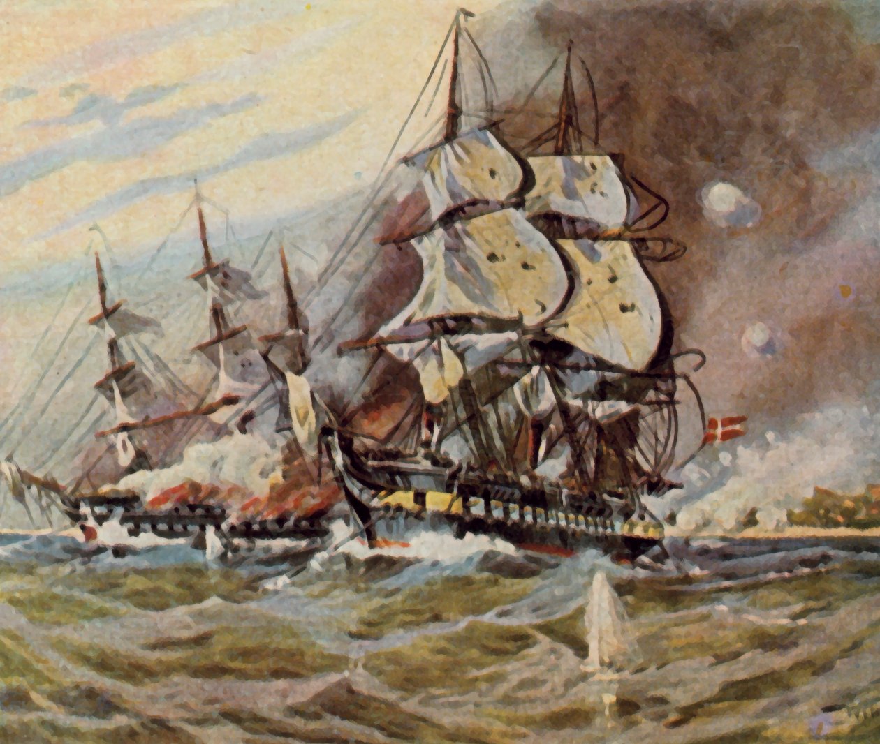 Tyske strandbatterier nær Eckernförde, 5. april 1849 (forbedret fargelitho) av Willy Stower