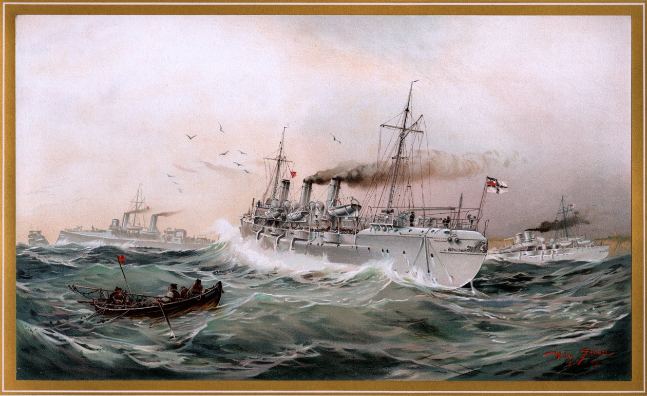 Kaiserliche Marine Griffin, Meteor og Jagd ser ut på brystbyen, kromo-litografi av Willy Stöwer 1894, nr9 fra G. Wislicenus, Unsre Kriegsmarine. av Willy Stöwer