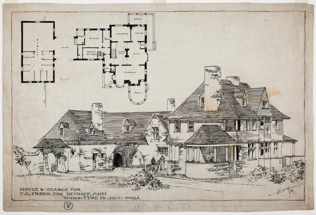 Freer Residence, House and Stable, 1891 (penn og blekk over grafittblyant på papir) av Wilson Eyre