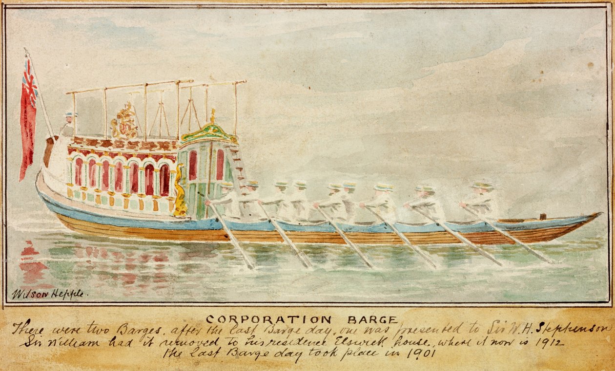 The Corporation Barge (blekk og akvarell på papir) av Wilson Hepple