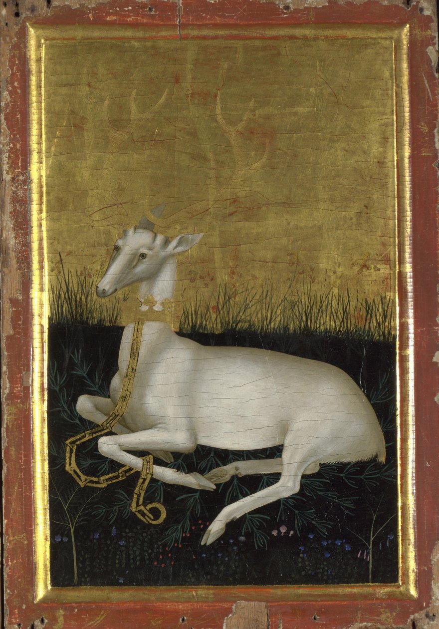 Et hvitt hjerte lenket med en krone rundt halsen. Det ytre panelet til Wilton Diptych, mellom 1395 og 1399 av Wilton Master