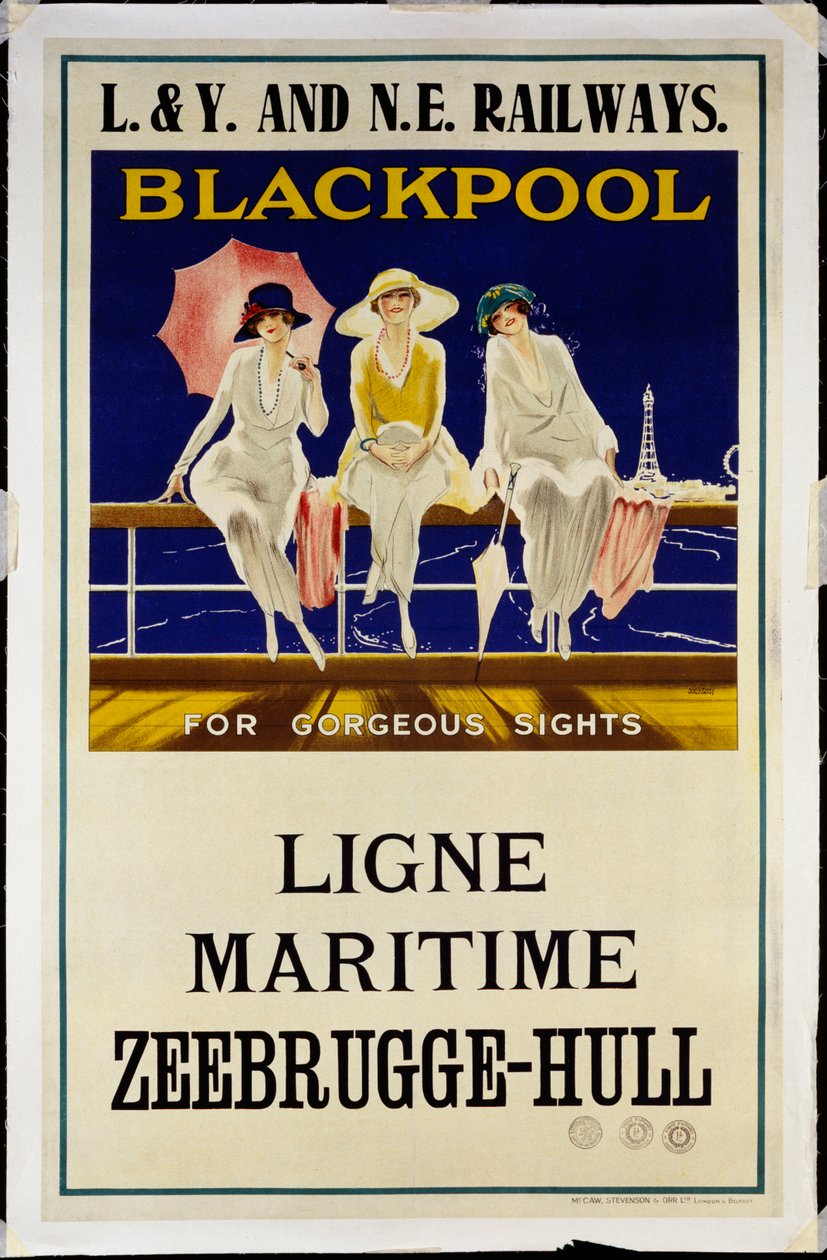 Blackpool, L.& Y. og N.E. Jernbaner, ca. 1930 (litografi i farger) av Wilton Williams