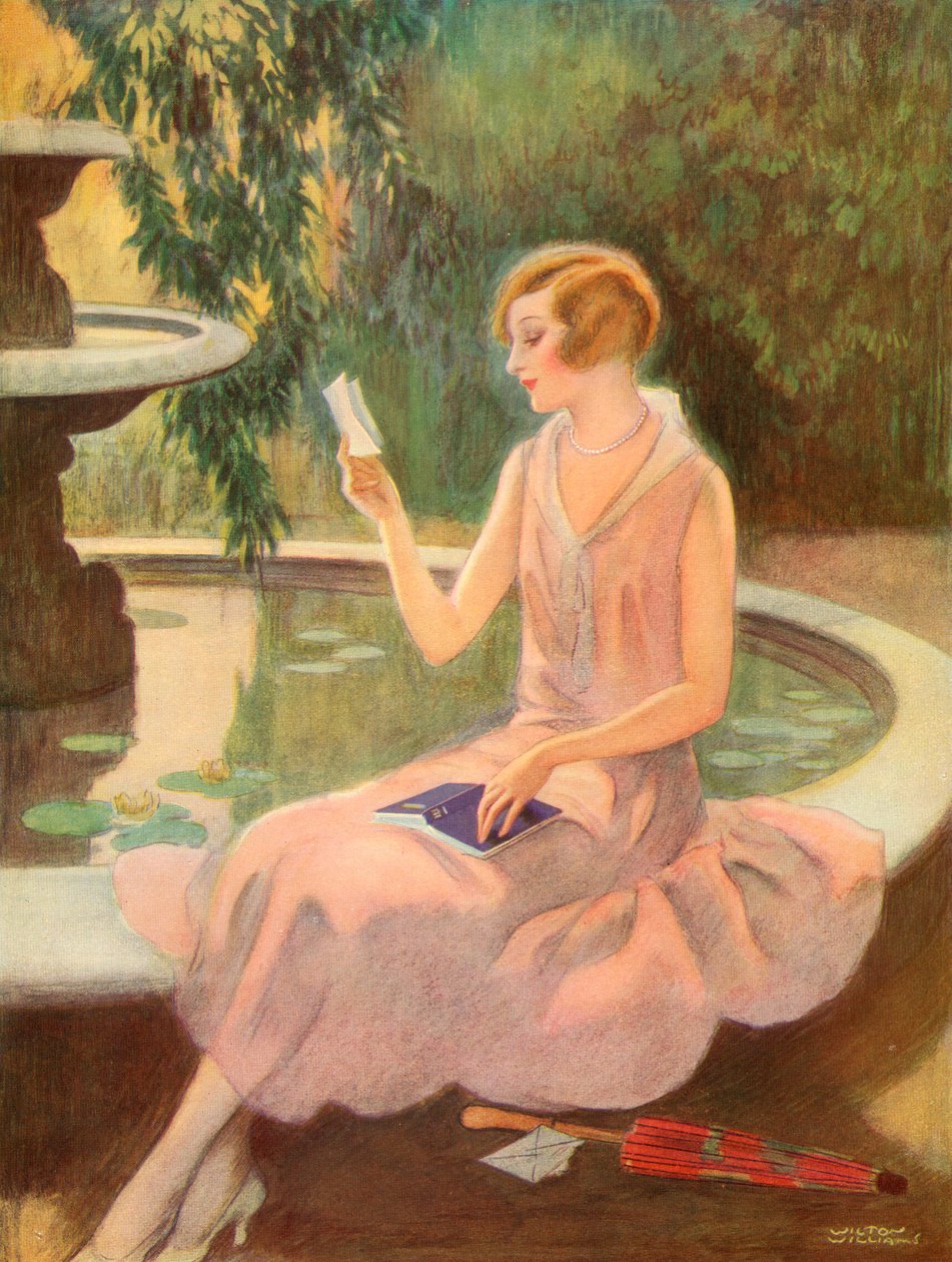 Ung kvinne leser et kjærlighetsbrev ved en fontene, ca. 1925 (skjermtrykk) av Wilton Williams