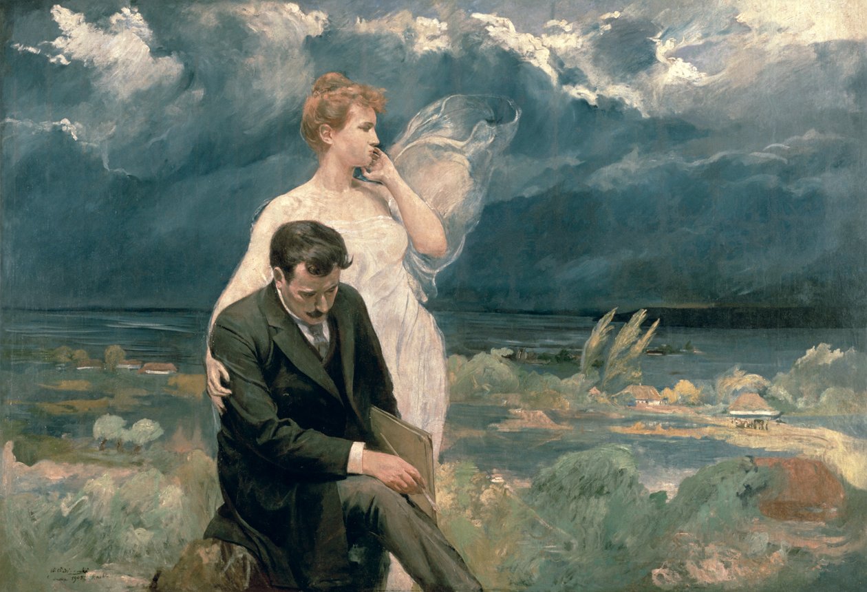 Maler med muse, 1905 av Wincenty Wodzinowsky