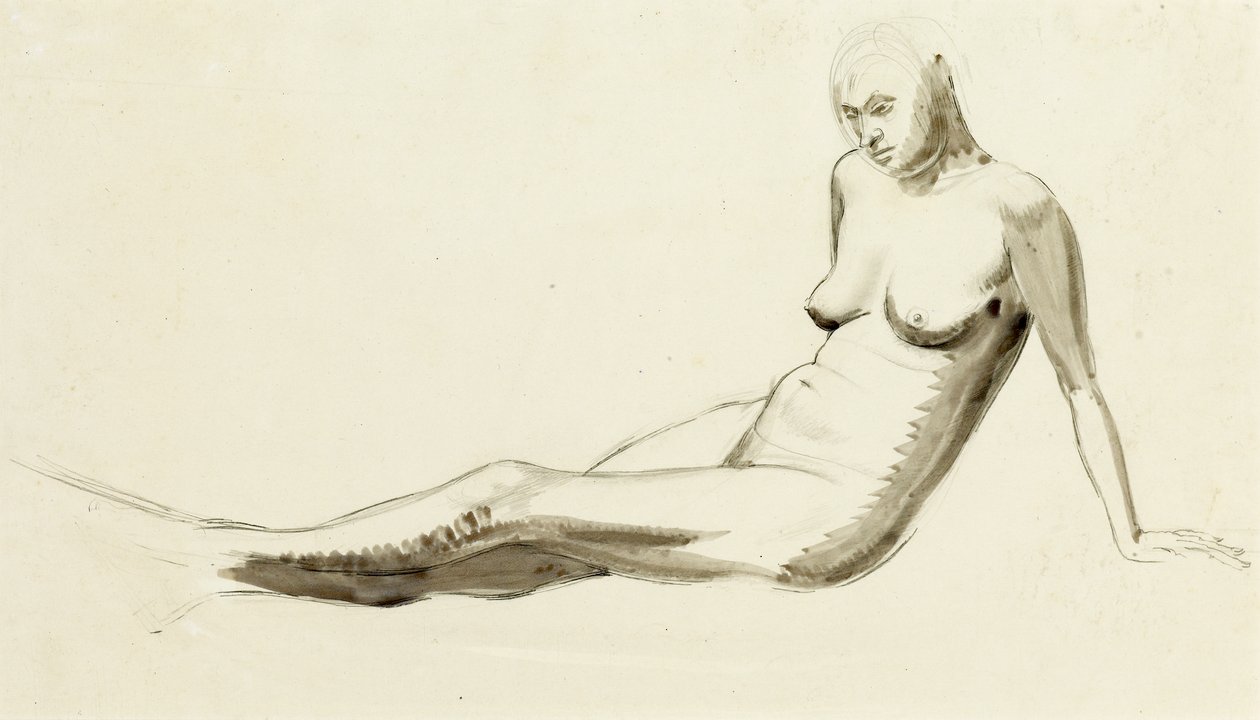 Sittende naken, ca. 1919 (penn og vask over blyant) av Winifred Knights