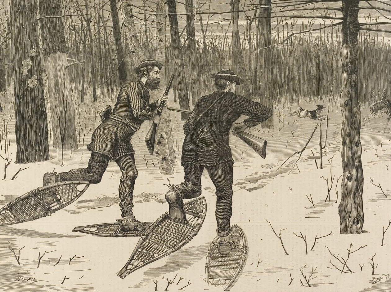 Rådyr-stalking i Adirondacks om vinteren, fra hver lørdag, 21. januar 1871, s. 57 av Winslow Homer