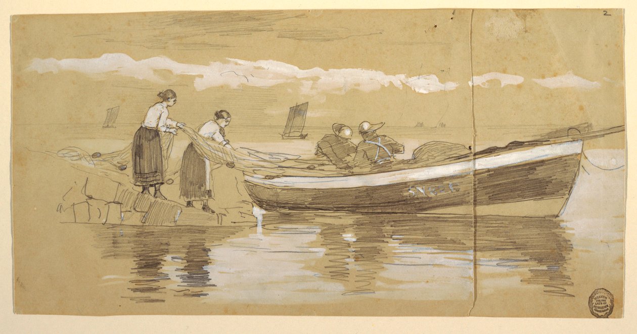 Tegning, fisker og kvinner som stuver garn i en strandet Dory, Cullercoats, England av Winslow Homer