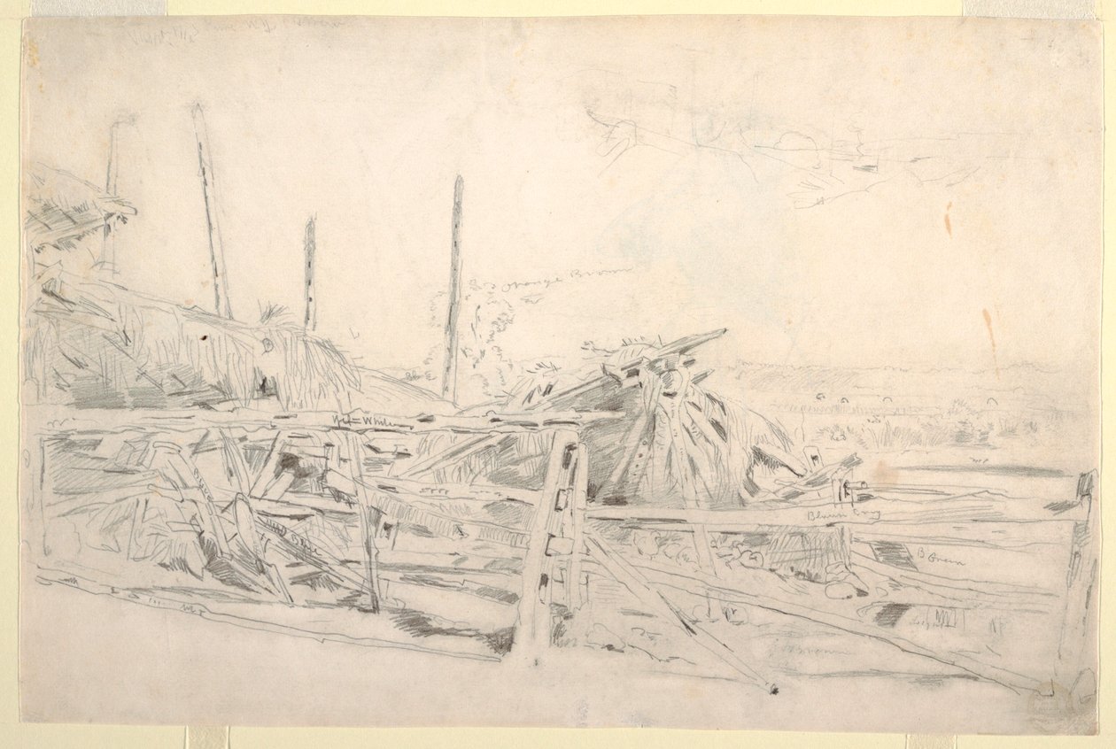 Tegning, høystakke og skinnegjerde, ca. 1870 av Winslow Homer